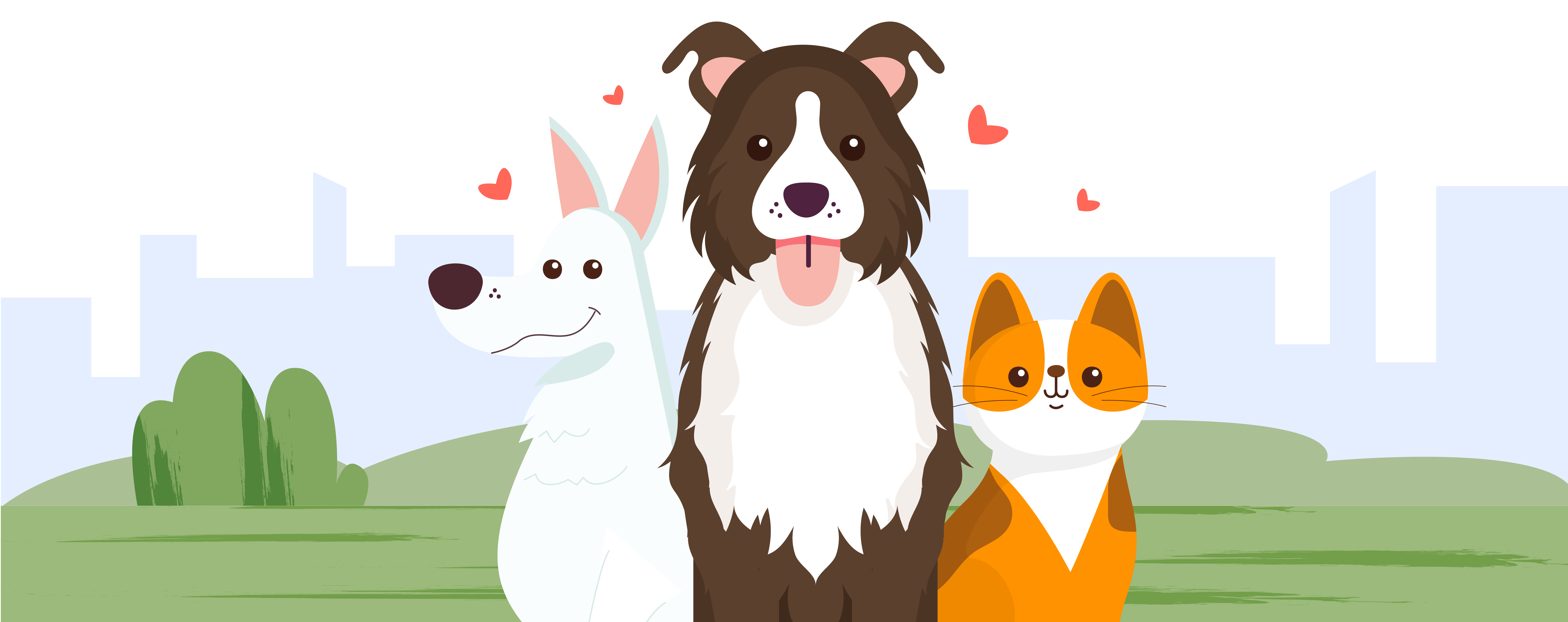 Ilustrasi anjing dan kucing bahagia bersama Paw Power